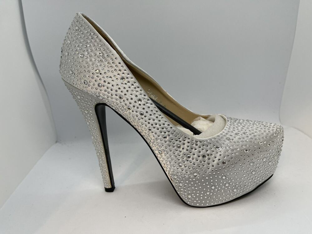 Women's Giselle-11 Rhinestone Studded Silver Satin Platform Pump 6.5" Heel-SZ 9